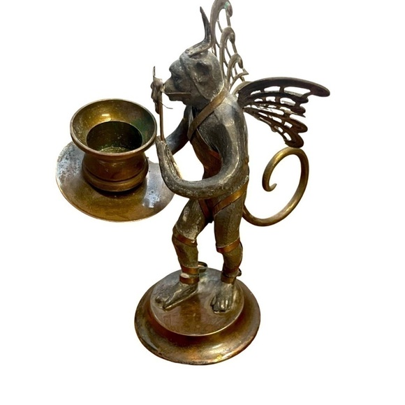 Vintage Petites Choses Pair of Winged Brass Pewter Flying Monkey Candle Holders - Picture 4 of 9